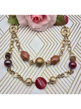 Gold Tone & Red Statement Necklace Double Strand Mixed Media Beaded Stations 38"